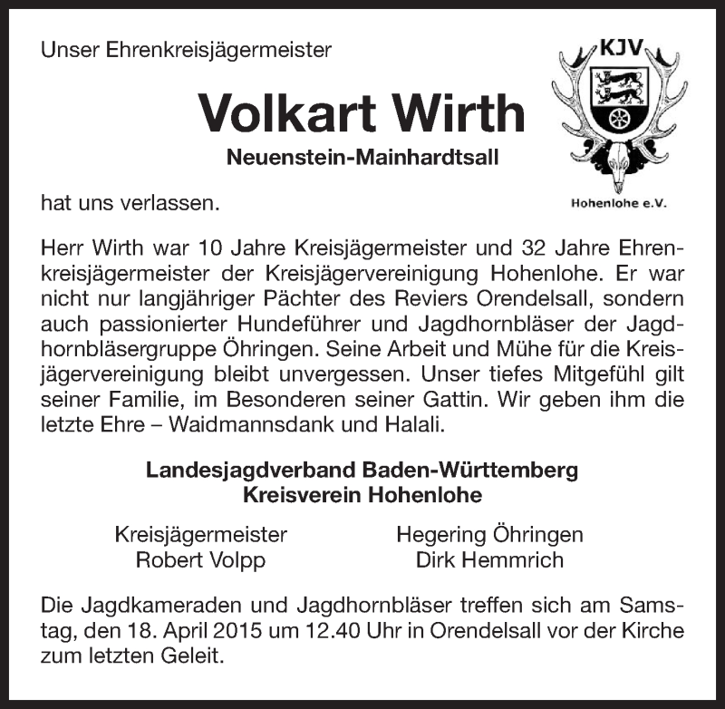  Traueranzeige für Volkart Wirth vom 15.04.2015 aus 