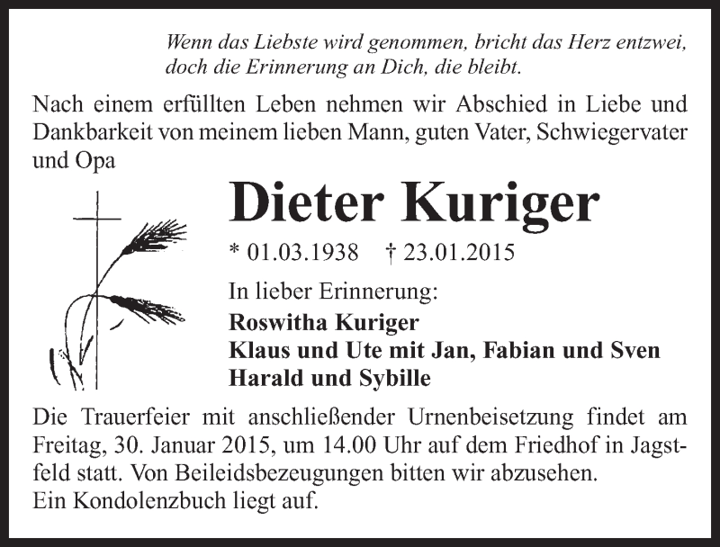  Traueranzeige für Dieter Kuriger vom 27.01.2015 aus 