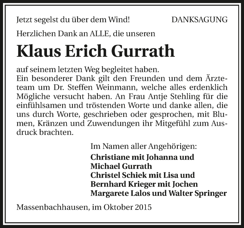  Traueranzeige für Klaus Erich Gurrath vom 31.10.2015 aus 