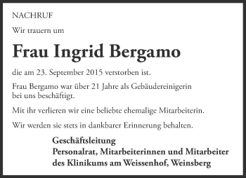 Traueranzeige von Ingrid Bergamo 