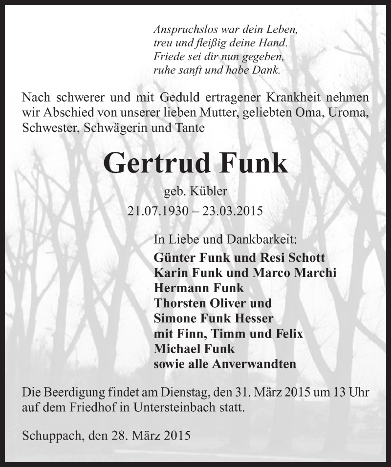  Traueranzeige für Gertrud Funk vom 28.03.2015 aus 