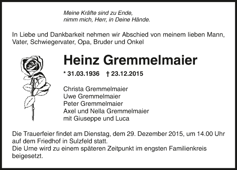  Traueranzeige für Heinz Gremmelmaier vom 28.12.2015 aus 