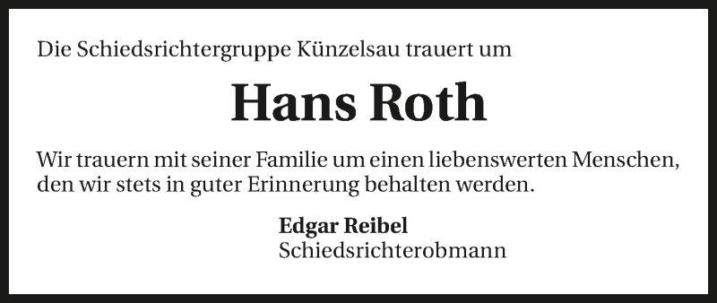  Traueranzeige für Hans Roth vom 11.05.2016 aus 