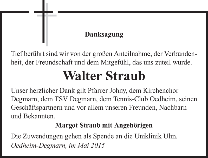  Traueranzeige für Walter Straub vom 05.05.2015 aus 