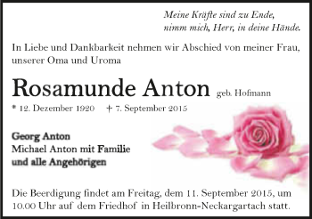 Traueranzeige von Rosamunde Anton 