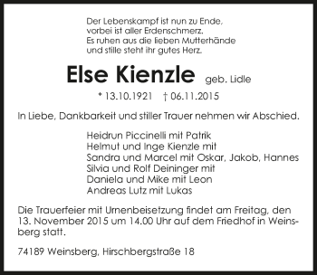 Traueranzeige von Else Kienzle 