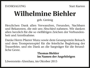 Traueranzeige von Wilhelmine Biehler 