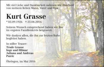 Traueranzeige von Kurt Grasse 