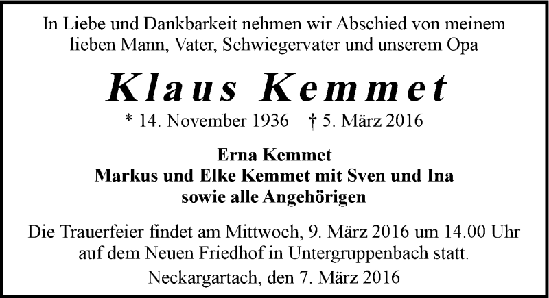  Traueranzeige für Klaus Kemmet vom 07.03.2016 aus 