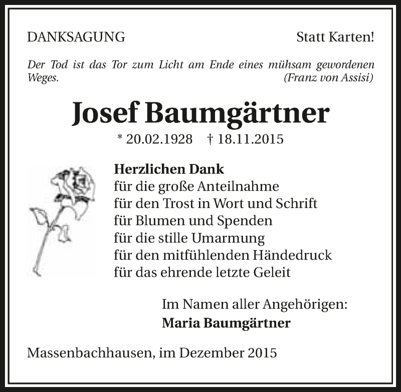  Traueranzeige für Josef Baumgärtner vom 02.12.2015 aus 