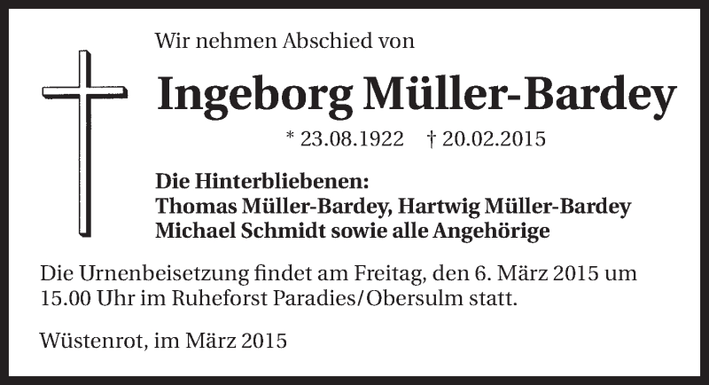  Traueranzeige für Ingeborg Müller-Bardey vom 04.03.2015 aus 