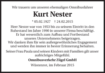 Traueranzeige von Kurt Nester 