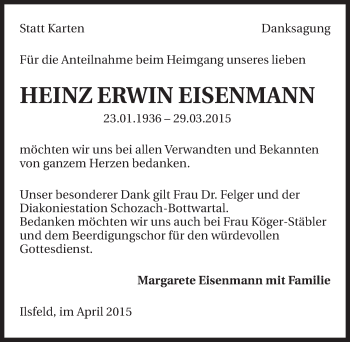 Traueranzeige von Heinz Erwin Eisenmann 