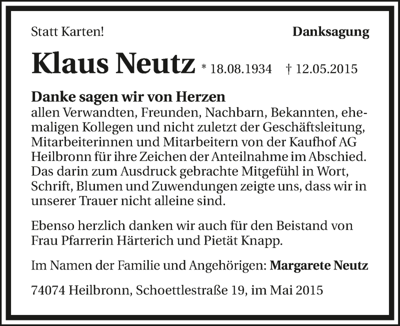  Traueranzeige für Klaus Neutz vom 30.05.2015 aus 