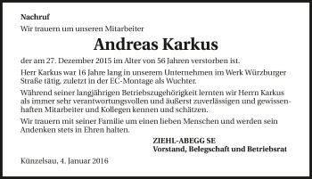 Traueranzeige von Andreas Karkus 