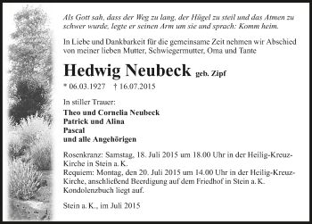Traueranzeige von Hedwig Neubeck 