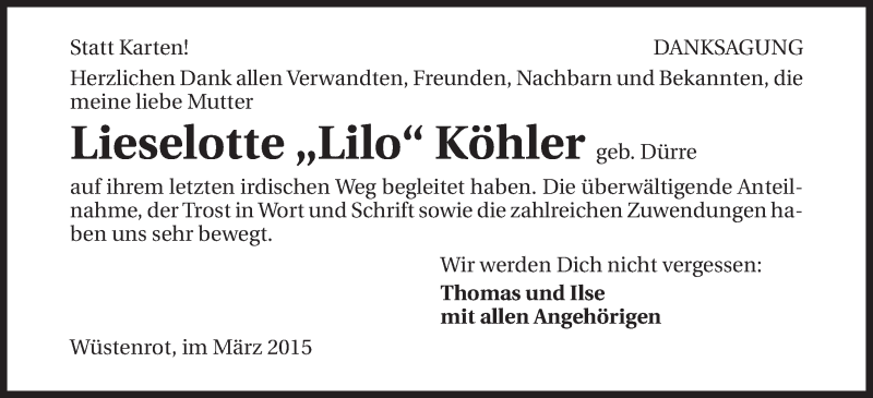  Traueranzeige für Lieselotte Köhler vom 10.03.2015 aus 