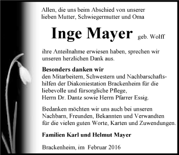 Traueranzeige von Inge Mayer 