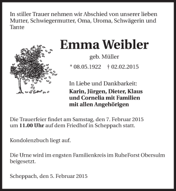 Traueranzeige von Emma Weibler 