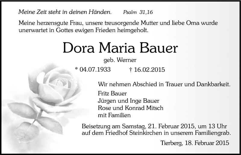  Traueranzeige für Dora Maria Bauer vom 18.02.2015 aus 