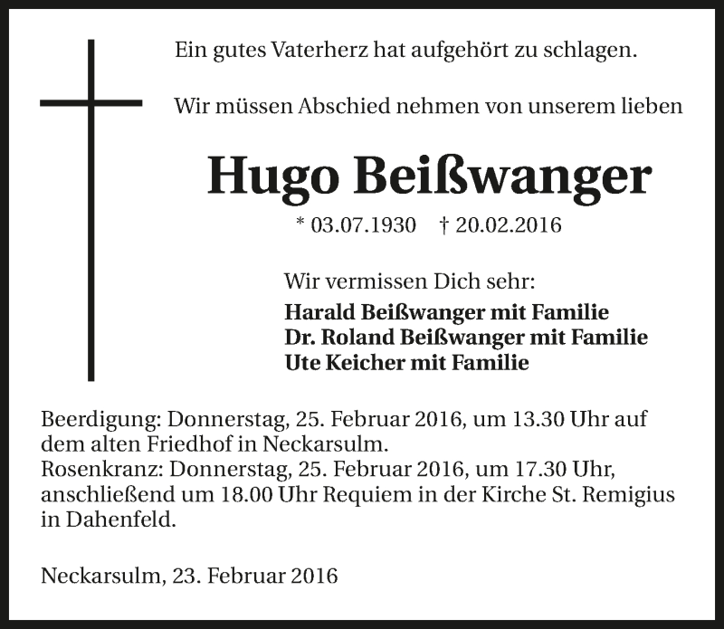  Traueranzeige für Hugo Beißwanger vom 24.02.2016 aus 
