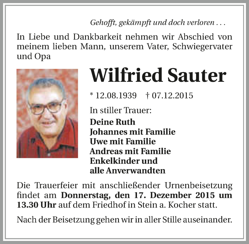  Traueranzeige für Wilfried Sauter vom 16.12.2015 aus 