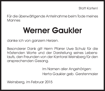 Traueranzeige von Werner Gaukler 