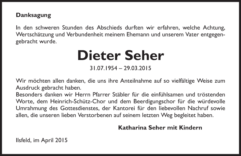  Traueranzeige für Dieter Seher vom 11.04.2015 aus 