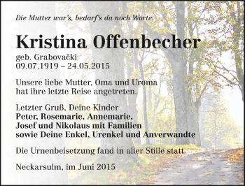 Traueranzeige von Kristina Offenbecher 