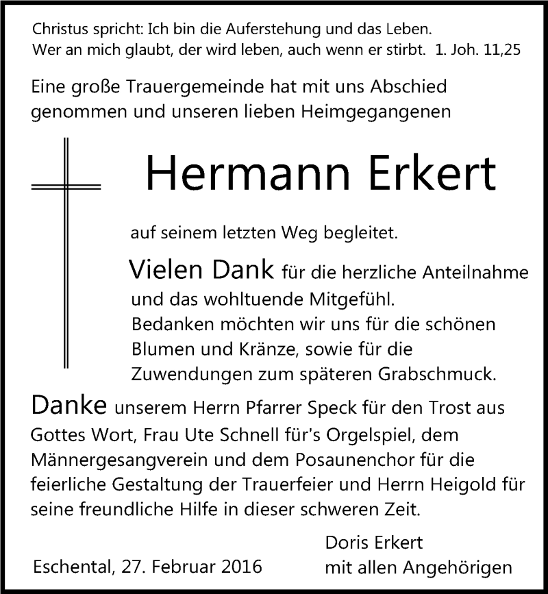 Traueranzeige für Hermann Erkert vom 27.02.2016 aus 