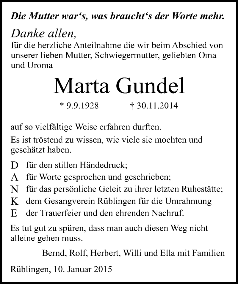  Traueranzeige für Marta Gundel vom 10.01.2015 aus 