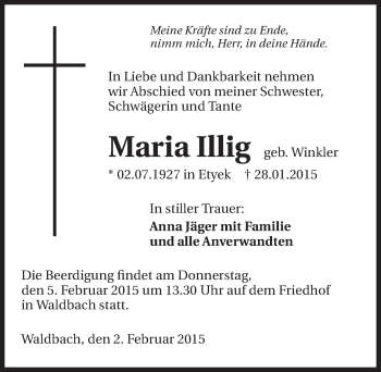 Traueranzeige von Maria Illig 