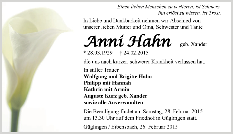  Traueranzeige für Anni Hahn vom 26.02.2015 aus 