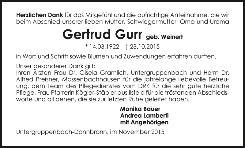  Traueranzeige für Gertrud Gurr vom 14.11.2015 aus 