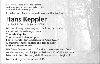 Traueranzeige von Hans Keppler 