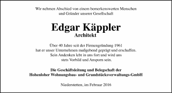Traueranzeige von Edgar Käppler 