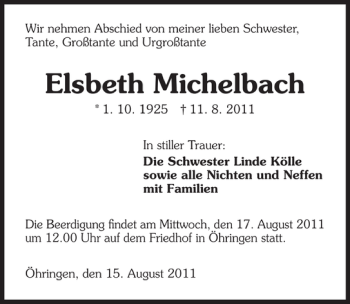Traueranzeige von Elsbeth Michelbach 