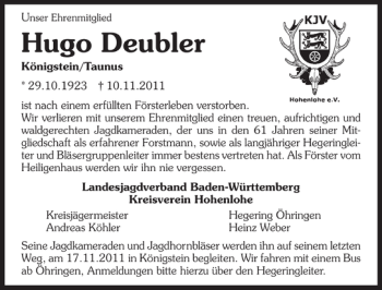 Traueranzeige von Hugo Deubler 