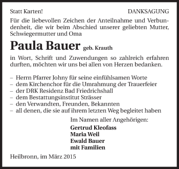 Traueranzeige von Paula Bauer 