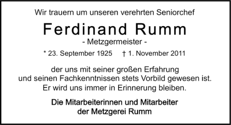  Traueranzeige für Ferdinand Rumm vom 02.11.2011 aus 