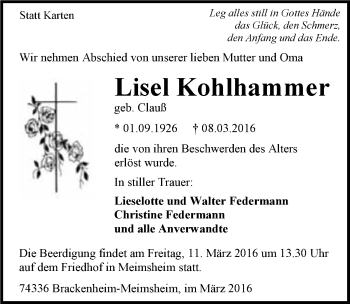 Traueranzeige von Lisel Kohlhammer 