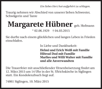 Traueranzeige von Margarete Hübner 