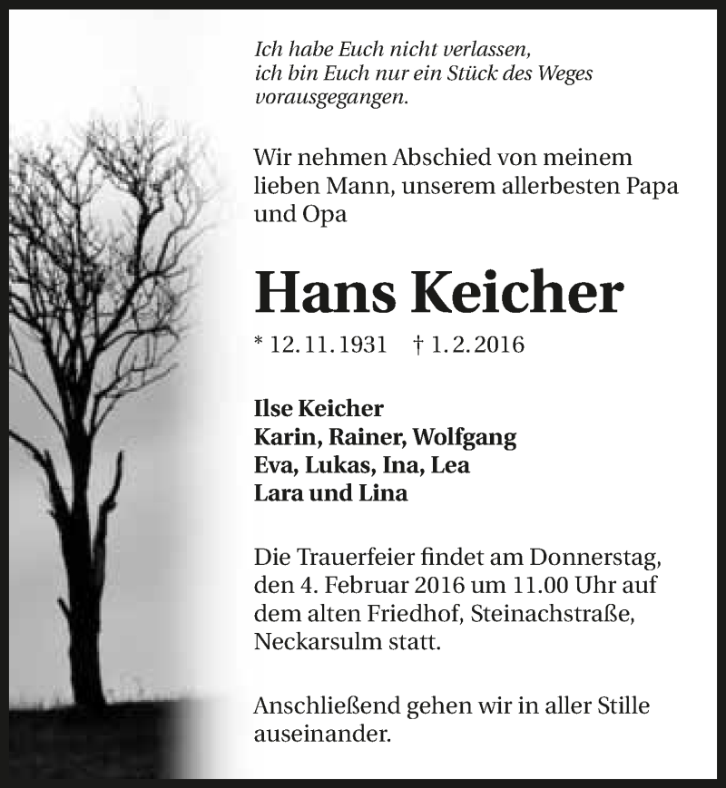  Traueranzeige für Hans Keicher vom 03.02.2016 aus 