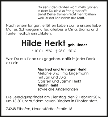 Traueranzeige von Hilde Herkt 