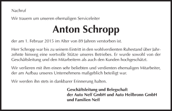 Traueranzeige von Anton Schropp 