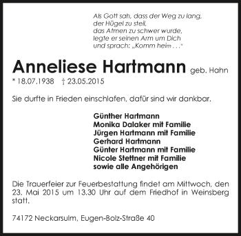Traueranzeige von Anneliese Hartmann 