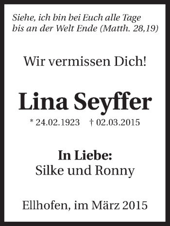 Traueranzeige von Lina Seyffer 