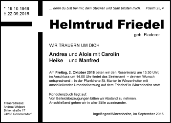 Traueranzeige von Helmtrud Friedel 