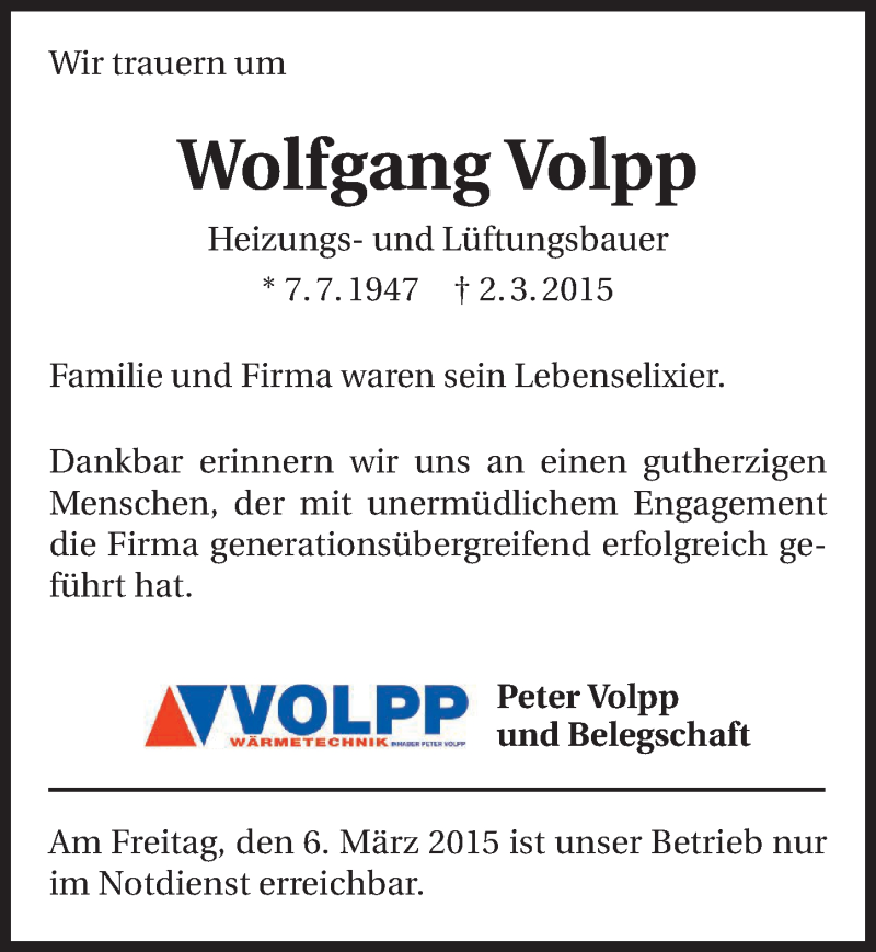  Traueranzeige für Wolfgang Volpp vom 04.03.2015 aus 