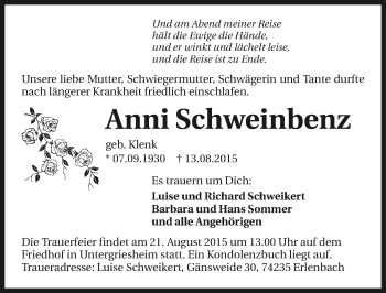 Traueranzeige von Anni Schweinbenz 